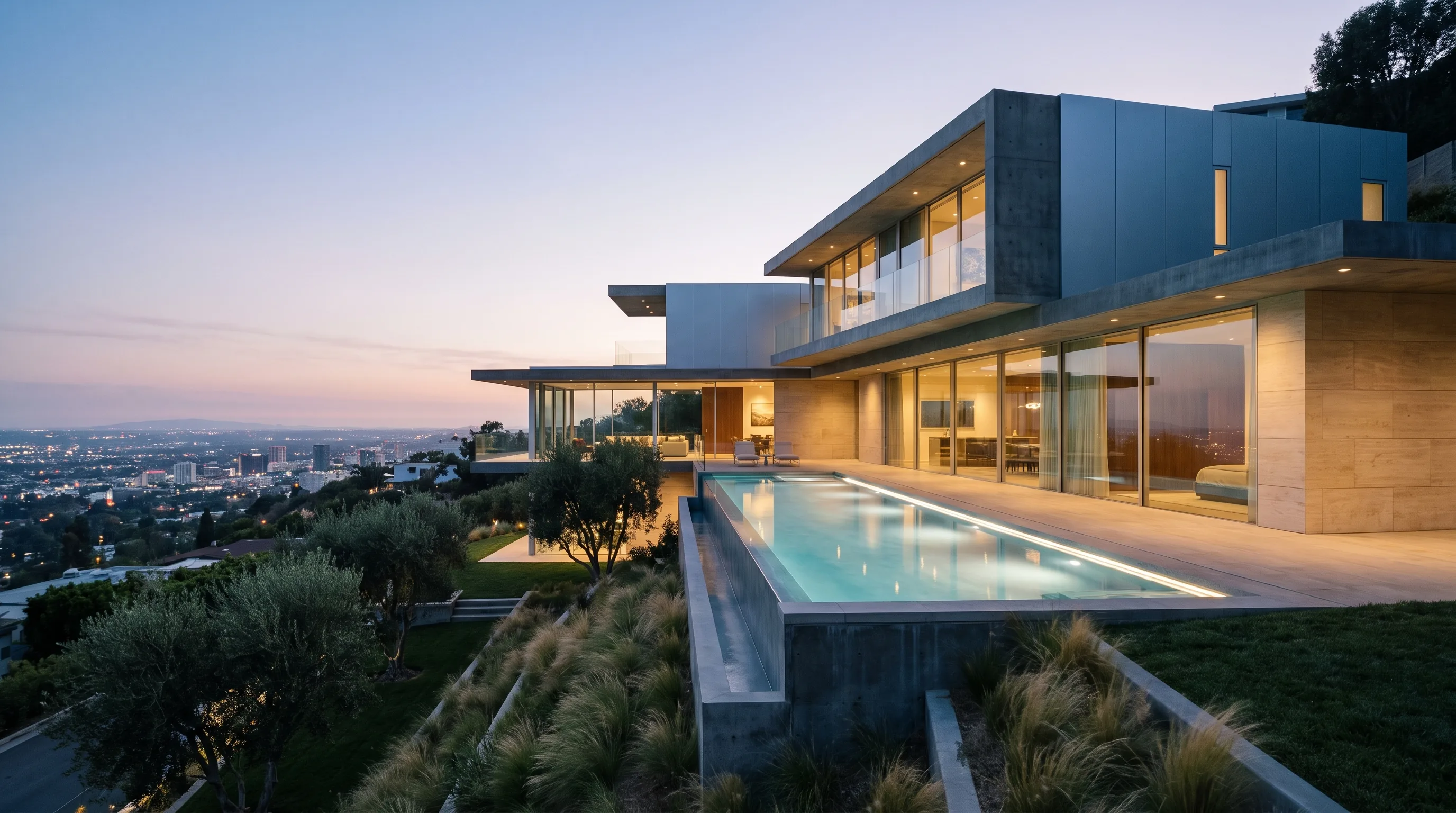 Start view: villa exterior at dusk