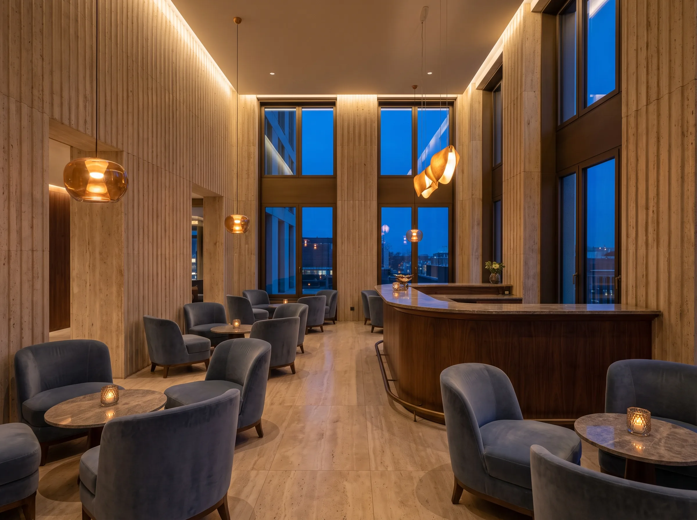 Boutique hotel lounge at dusk with travertine walls, a walnut bar and slate-blue velvet chairs