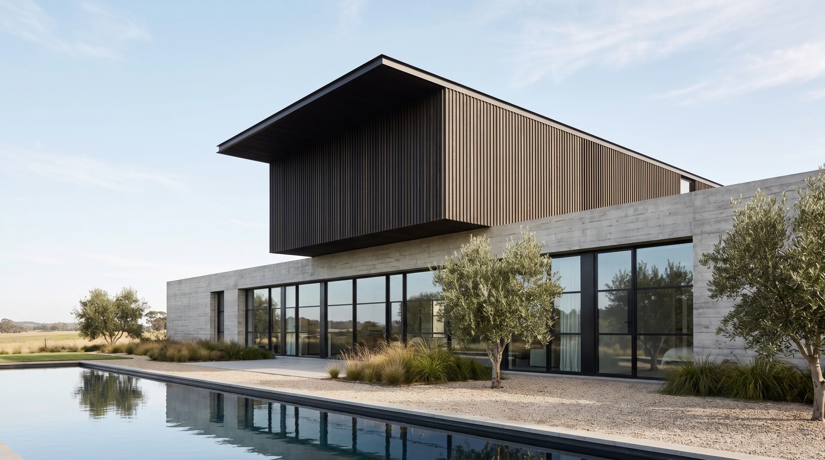 The house as a photoreal render with dark timber cladding