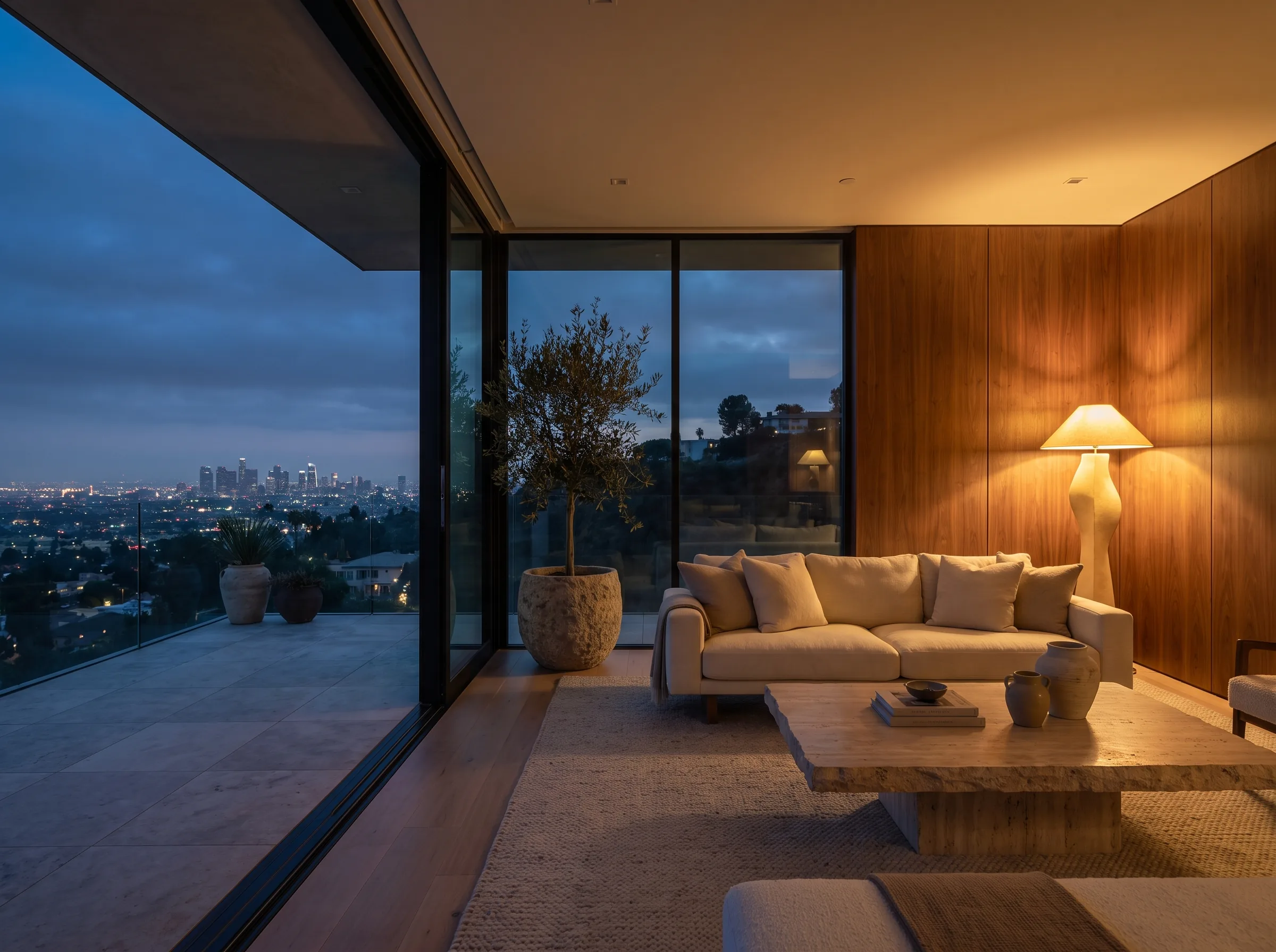 Villa living room at blue hour with a cream sofa, travertine table and walnut panelling
